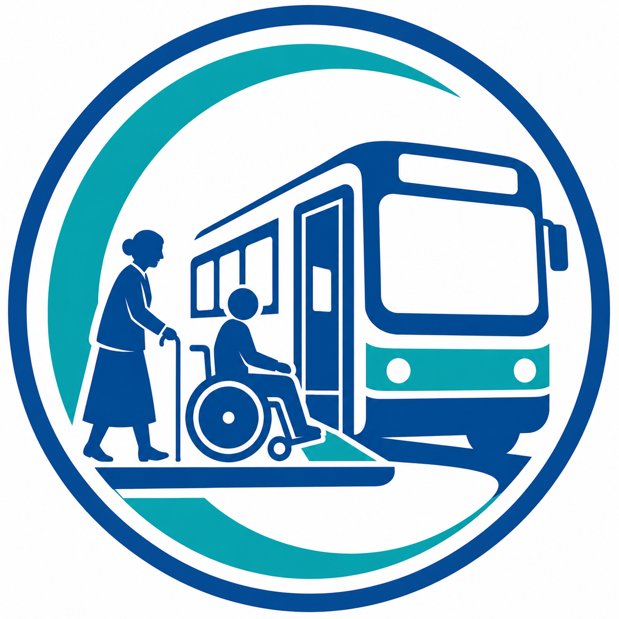 A circular logo in blue and teal colors showing a transit bus with a silhouette of a person in a wheelchair and an elderly lady using a cane.